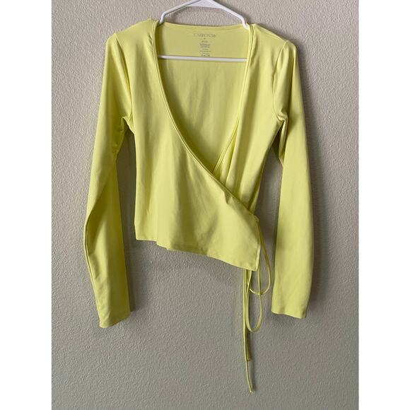 Carbon38 Long Sleeve Tie Top in Melt Medium Green Yellow Neon Ballet Wrap Shirt - Picture 4 of 10